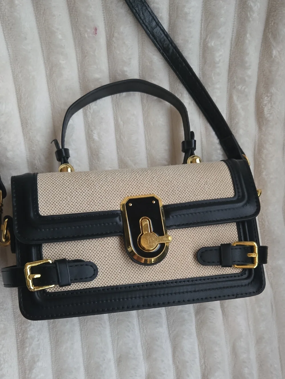 Black & Cream Structured Crossbody Bag with Gold Hardware